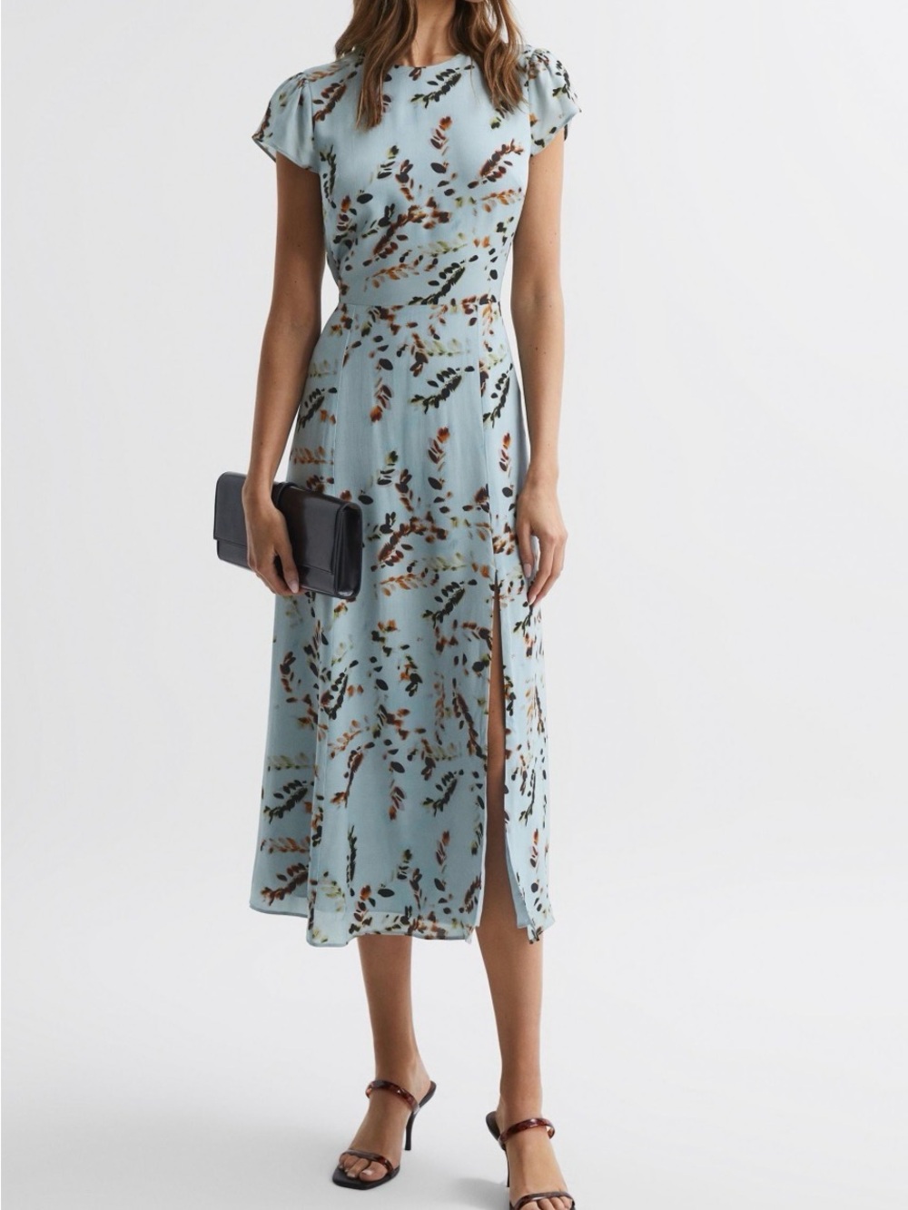 Reiss Livia Floral Cut-Out Back Midi Dress Light Blue Multi US 6
